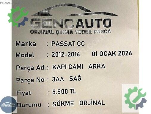 Volkswagen Passat Sağ Arka Kapı Camı çıkma parça