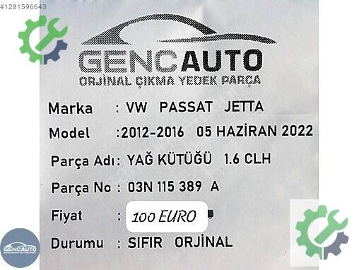 Volkswagen Jetta Yağ Soğutucu 03N115389A çıkma parça