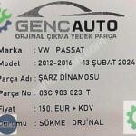 VW PASSAT ŞARZ DİNAMOSU SÖKME ORJİNAL OEM 03C903023 T