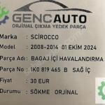 VW SCİROCCO BAGAJ İÇİ HAVALANDIRMA SÖKME ORJ 1K0819465B İÇ
