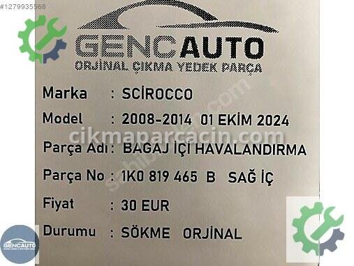 Volkswagen Scirocco Havalandırma Izgarası 1K0819465B çıkma parça