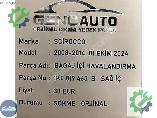 Volkswagen Scirocco Havalandırma Izgarası 1K0819465B çıkma parça