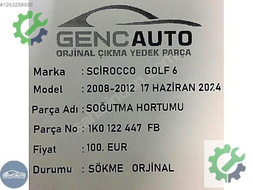 Volkswagen Scirocco Intercooler Borusu 1K0122447 çıkma parça