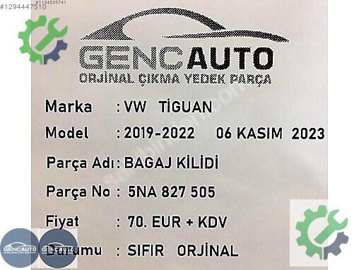 Volkswagen Tiguan Bagaj Kilidi 5NA827505 çıkma parça